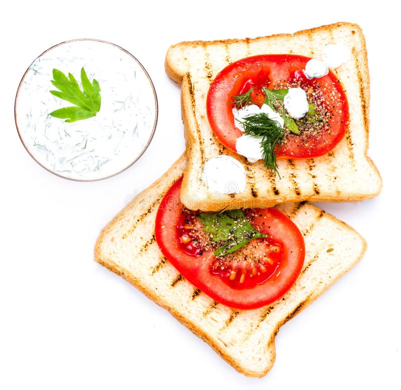 Breakfast Set of Toast Bread, Tomato, Isolated on White Background