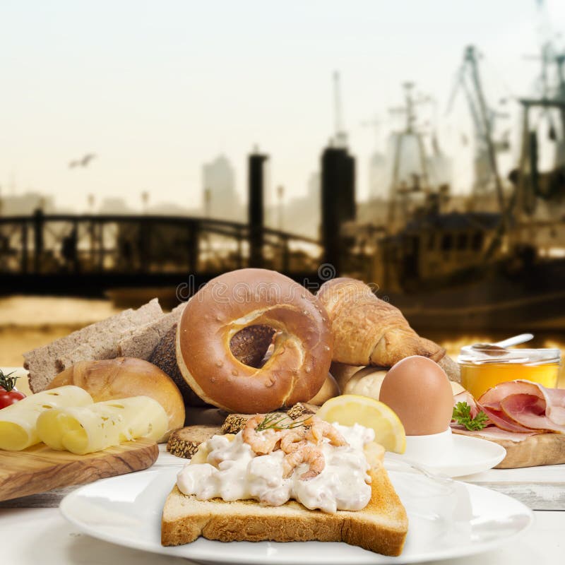 Breakfast with Shrimp Salad on Toast Ham, Cheese, Jam, Egg Stock Image