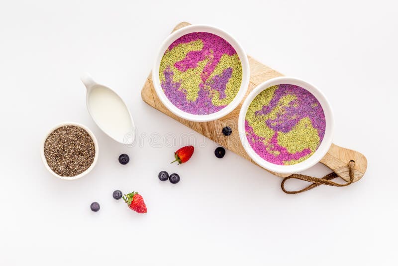 Breakfast Smoothie Bowles with Chia Seeds and Strawberries, Top View