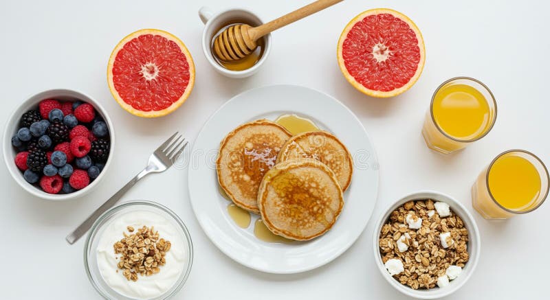 A breakfast spread featuring three pancakes with syrup on white plate surrounded by bowls of assorted berries and granola yogurt royalty-vrije illustratie