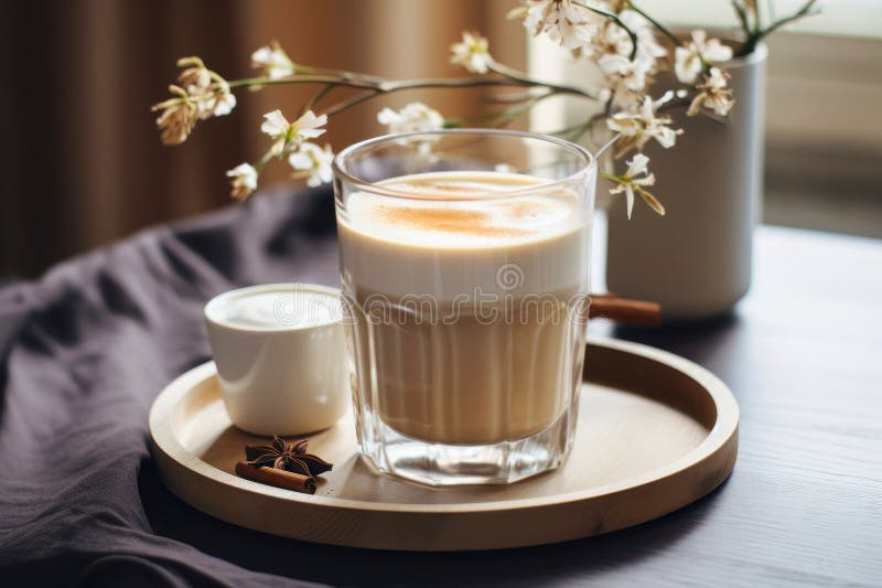 Breakfast still life with a glass of creamy coffee with cinnamon vector illustration