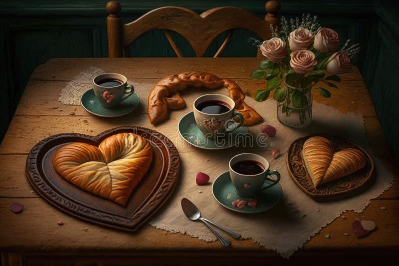 Breakfast Table, with Heartshaped Pastries and Coffee for Two Stock