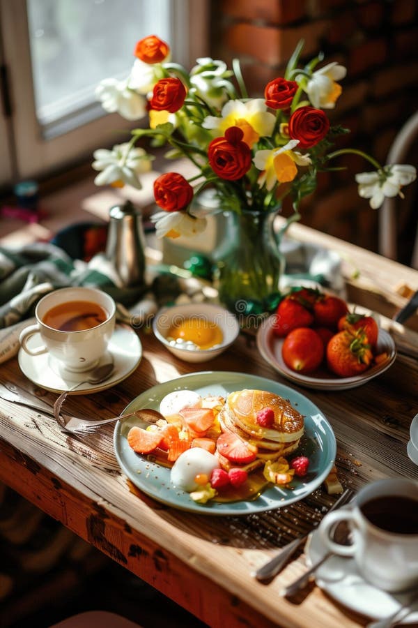 Breakfast table with plates and cups stock photos