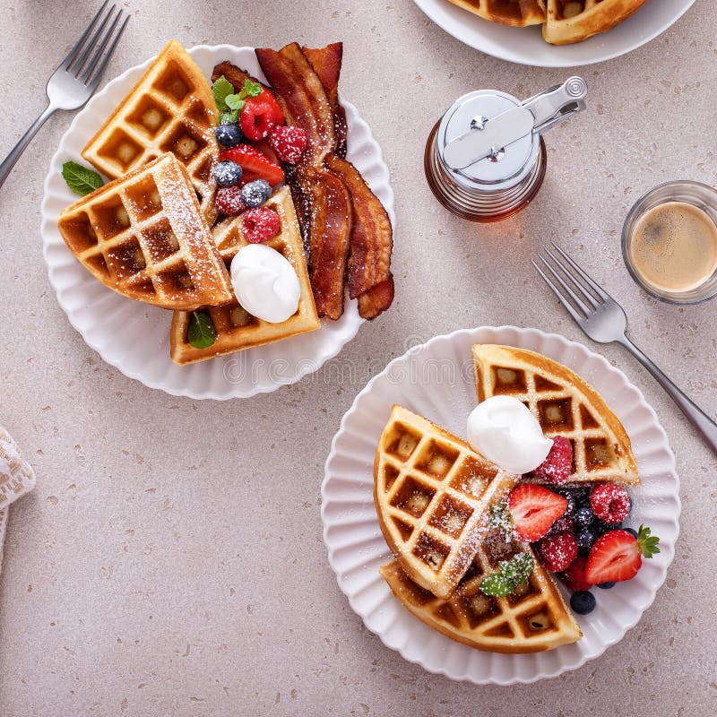 Breakfast Table with Waffles, Berries and Bacon Stock Photo Image of