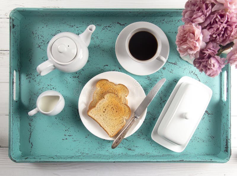 Breakfast of Toast and Hot Coffee on a Tray Stock Image Image of flat