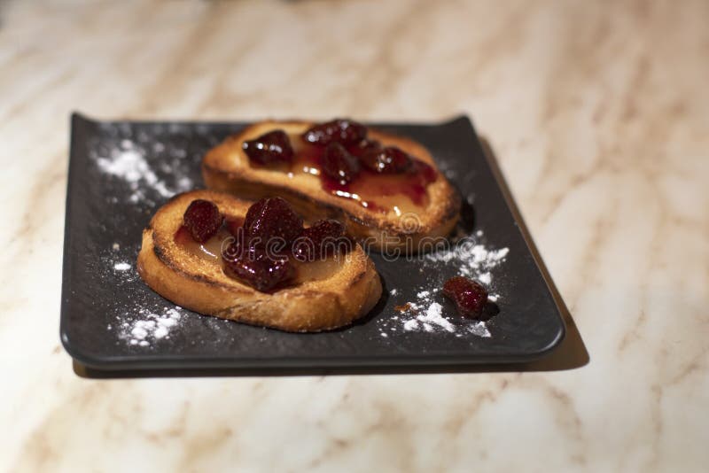 Breakfast, Toast with Strawberry Jam and Honey on a Black Plate Stock Image Image of plate