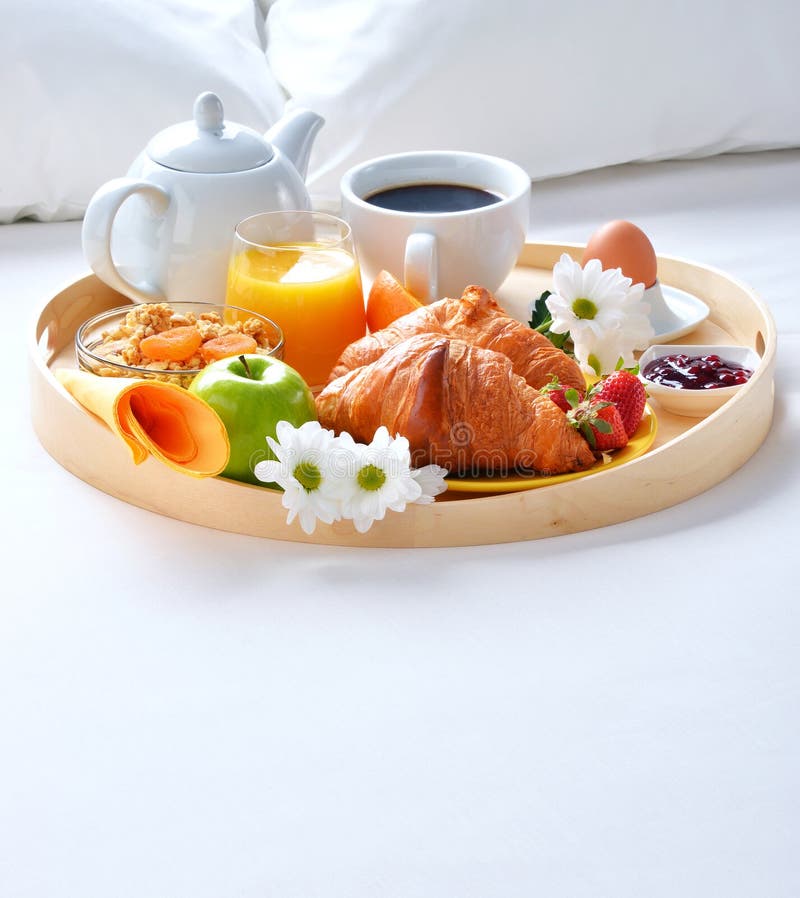Breakfast Tray in Bed in Hotel Room Stock Photo Image of morning
