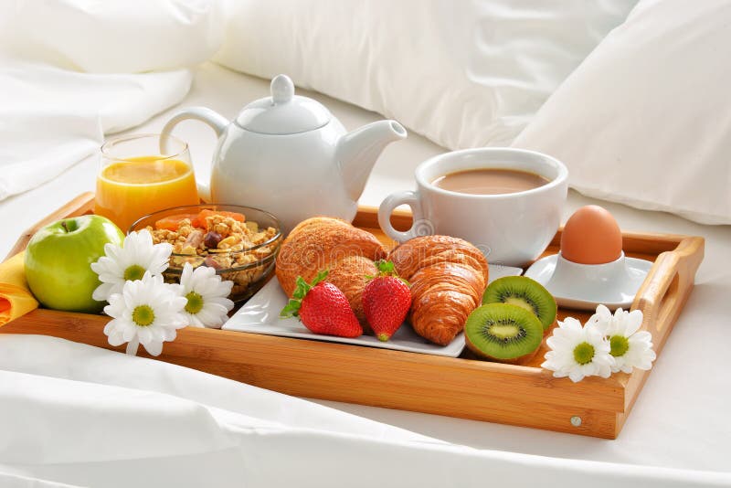 Breakfast on Tray in Bed in Hotel Room Stock Image Image of orange, double 122681701
