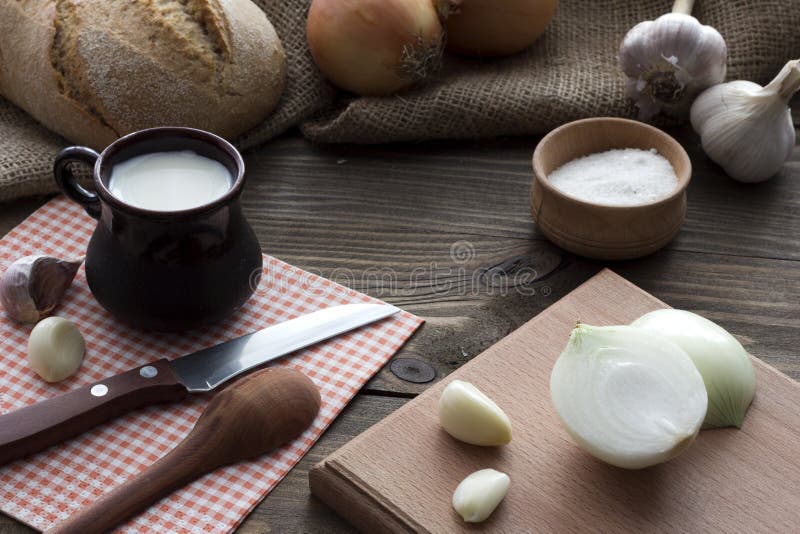 Breakfast in the village - milk hdeb salt, onion stock photos