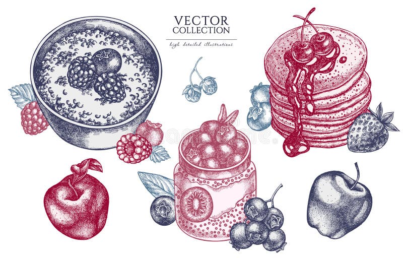 https://thumbs.dreamstime.com/b/breakfast-vintage-illustrations-collection-hand-drawn-logo-designs-pancakes-porridge-berries-chia-pudding-raspberry-blueberry-254395684.jpg