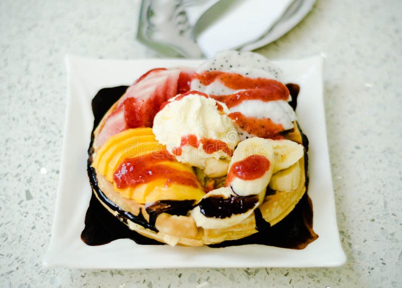 Breakfast Waffles with Fresh Berries and Cream Stock Photo Image of
