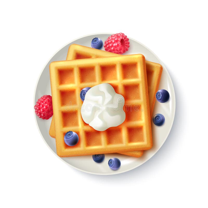 Breakfast menu item sweet belgian waffles with blueberry raspberry and cream realistic top view plate image vector illustration. Breakfast menu item sweet belgian waffles with blueberry raspberry and cream realistic top view plate image vector illustration