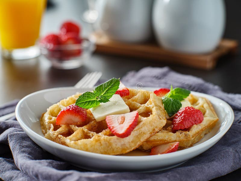 Breakfast Waffles with Strawberries and Syrup Stock Photo Image of