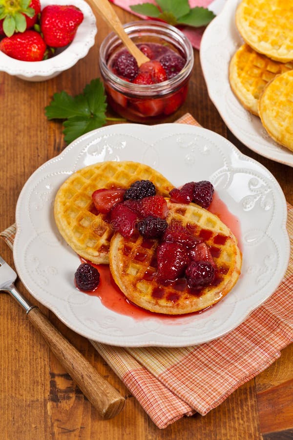 Breakfast Waffles with Strawberry Syrup Stock Photo Image of plate