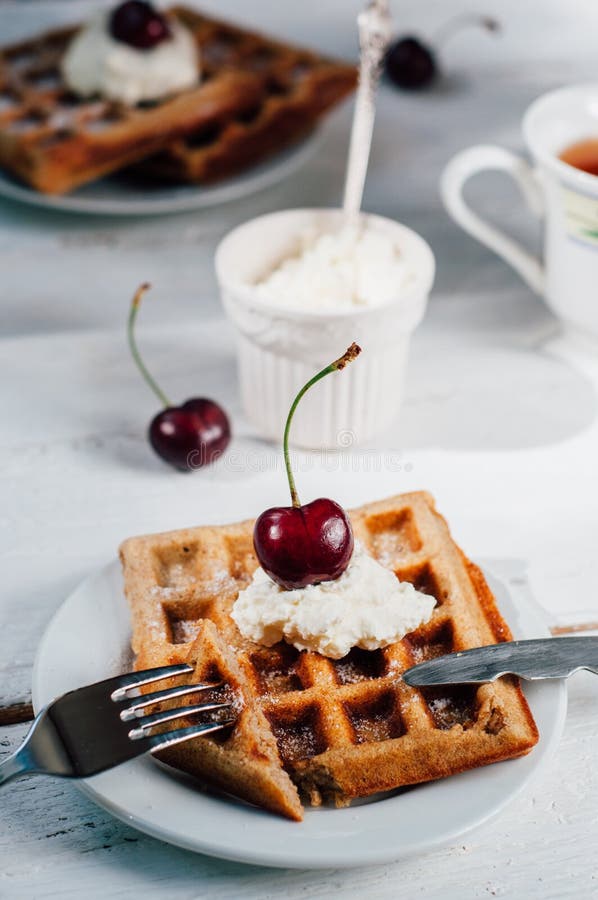 Breakfast with Wholegrain Waffles and Whipped Cream Stock Image Image
