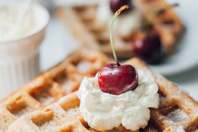 Breakfast with Wholegrain Waffles and Whipped Cream Stock Image Image