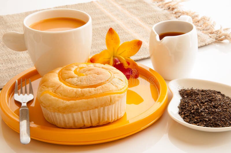 Breakfast Wth Bread and Cup of Milk Tea. Stock Image Image of morning