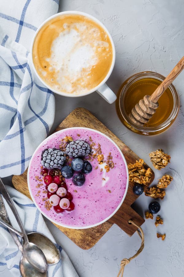 Breakfast Yogurt Bowl With Granola And Berries, Coffee, Honey Stock