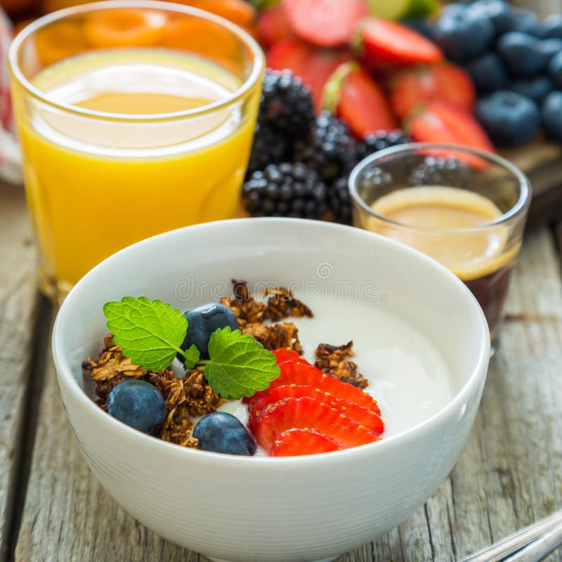 Breakfast Yogurt with Fruits Granola and Coffee Stock Image Image