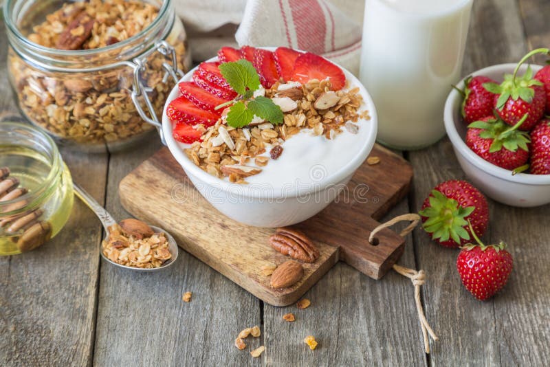 Breakfast Yogurt with Granola and Straberries Stock Image Image of