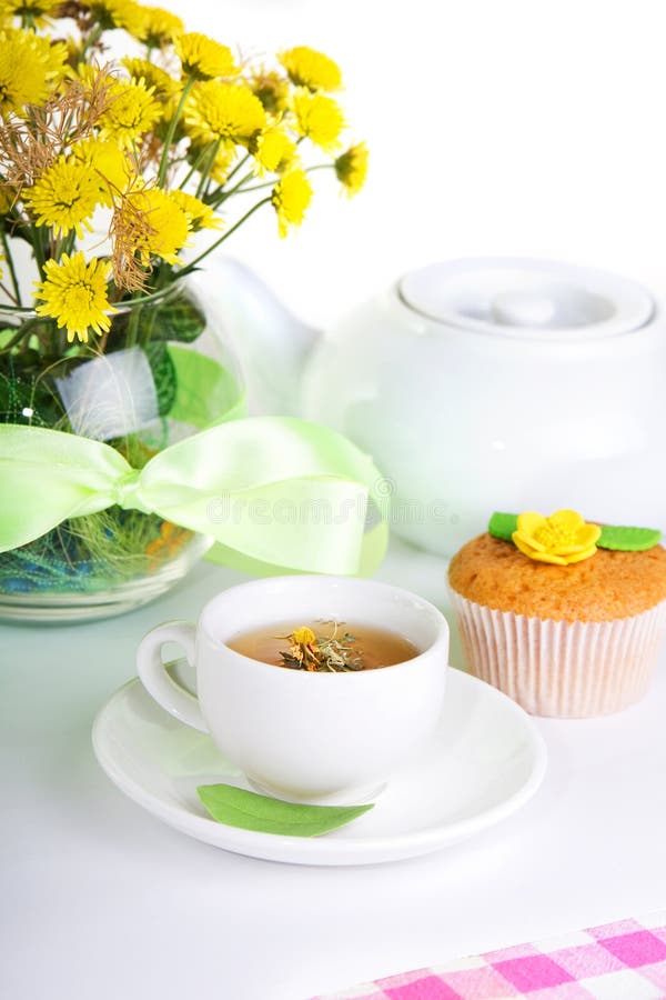 Breakfest with Tea, Cake and Yellow Flowers Stock Photo Image of