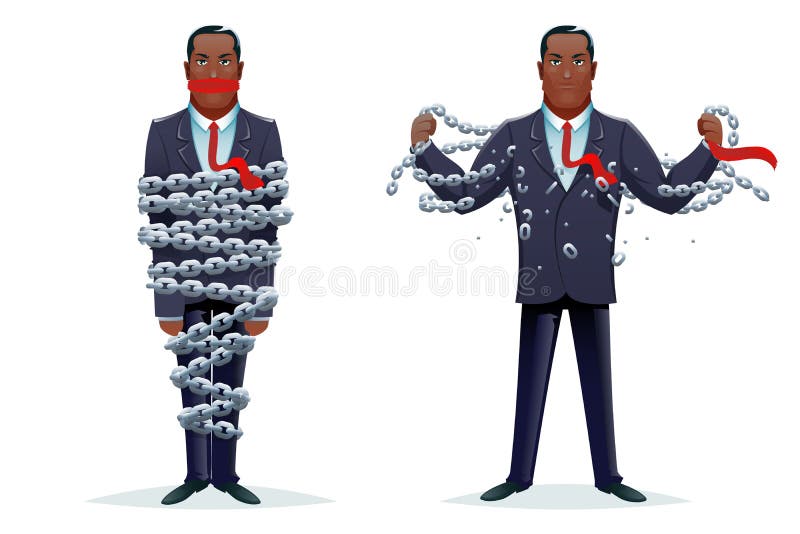 Breaking chains liberation heroic strength imprisoned release cartoon design character concept vector illustration