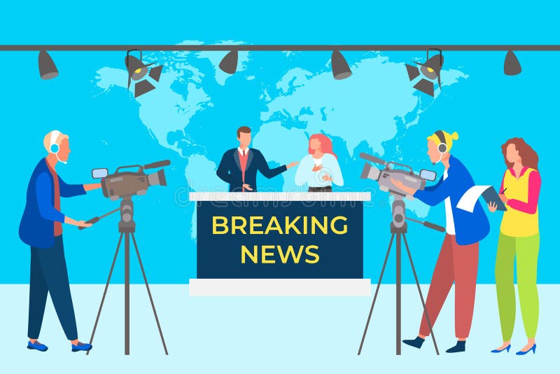 Breaking news concept vector illustation. Television studio broadcasts program. Group operators recording video on stock illustration
