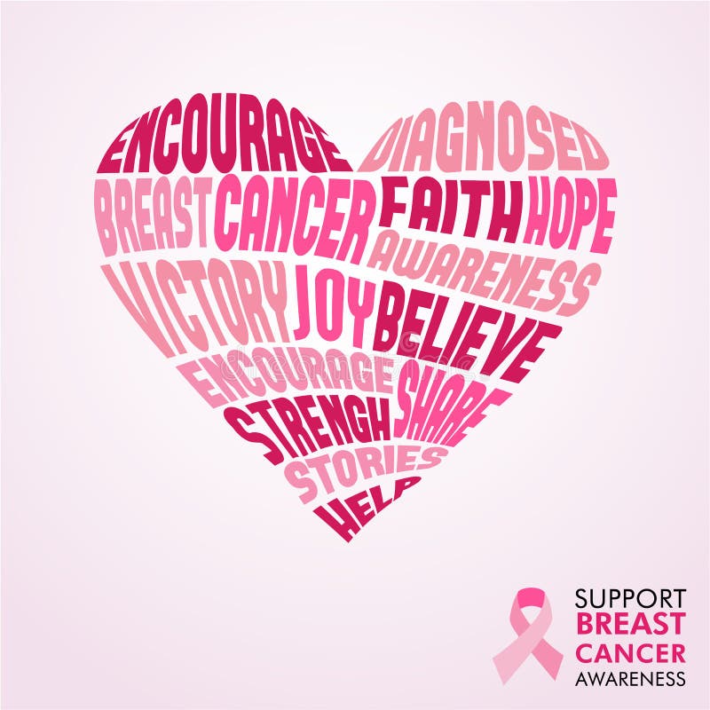 Breast Cancer Awareness Month love heart shape design made of powerful words for survivor women. Love and support concept illustration. EPS10 vector. Breast Cancer Awareness Month love heart shape design made of powerful words for survivor women. Love and support concept illustration. EPS10 vector.