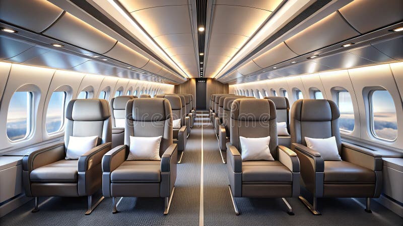 A Breathtaking 3D Mockup of a Modern Airplane Cabin Interior Spacious Comfortable and Technologically Advanced stock illustration
