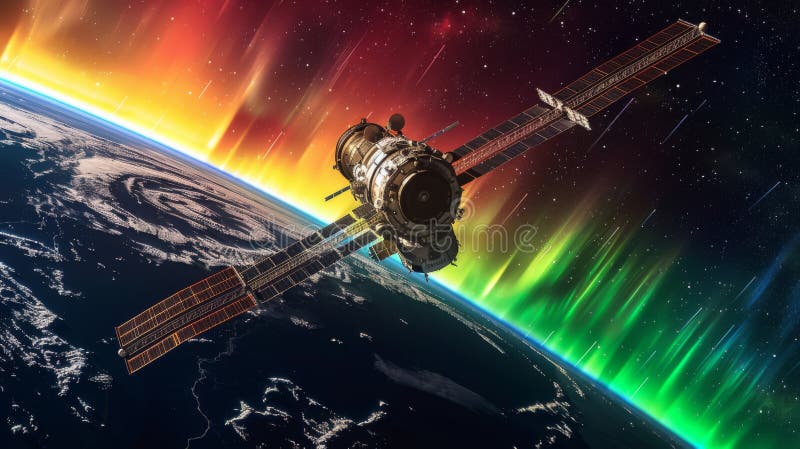 A breathtaking digital illustration of a space module caught in the dance of colorful auroras encircling Earth stock photography