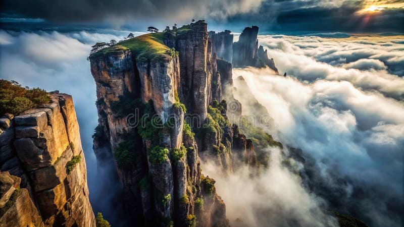 Breathtaking Drone Views of Hazardous Cliffs Misty Valleys and an Ominous Landscape Exploring Extreme Terrain from stock illustration
