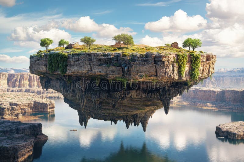 Floating island with lush greenery above serene waters and rocky cliffs during daytime. A breathtaking floating island with trees perched above clear water, surrounded by majestic cliffs and clouds. AI generated