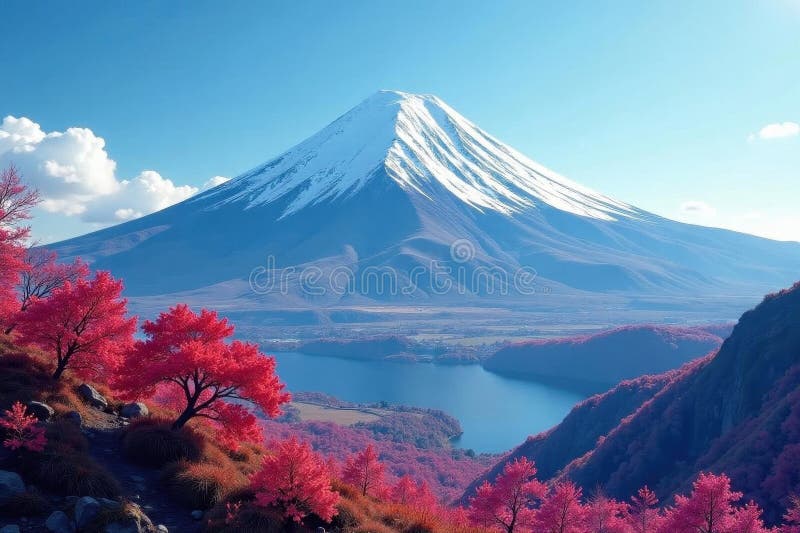 Breathtaking Fuji, pristine snow blankets peak, snow covered, shadow royalty free illustration