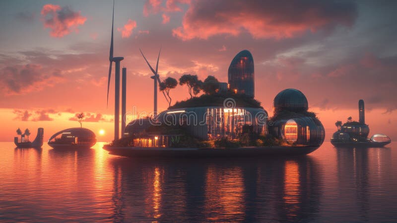A breathtaking futuristic cityscape at sunset. This innovative design features stunning floating structures and lush greenery stock photos