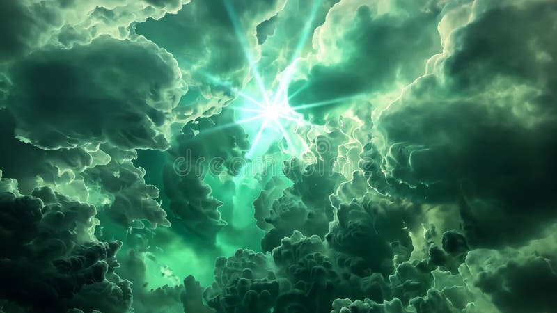 Majestic green cloud formations illuminate the sky during twilight hours over a serene landscape stock illustration