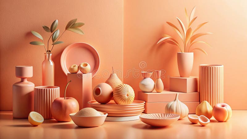 A Stunning Panoramic Still Life PeachToned Objects with Soft Lighting and Textured Details Showcase a Captivating. This breathtaking panoramic still life photograph showcases a captivating array of peach-colored objects bathed in soft, diffused lighting. The image s depth and perspective are remarkable, drawing the viewer into a serene and inviting space. Each object possesses a unique texture, from the smooth, polished sheen of a ceramic vase, to the subtly rough surface of a woven basket, to the velvety