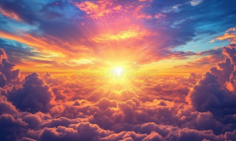 Breathtaking sunrise over clouds, vibrant colors illuminating sky, golden rays piercing through fluffy clouds, serene stock image