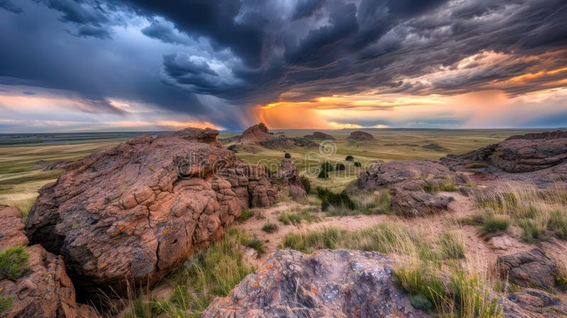 Stunning Sunset Landscape with Dramatic Storm Clouds Over Rocky Hills, A Captivating View of Nature Beauty royalty free illustration
