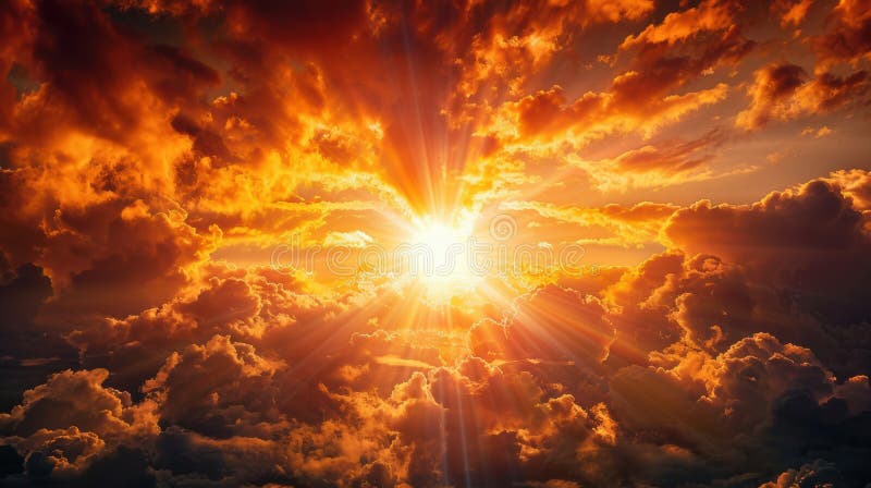 A breathtaking sunset with vibrant sun rays piercing through dramatic clouds, creating a mesmerizing display of light and color in stock images