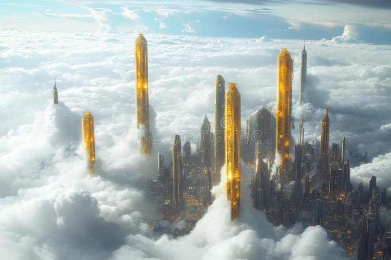 A breathtaking view of a futuristic utopian city nestled among soft white clouds. Towering golden structures rise majestically royalty free stock photography