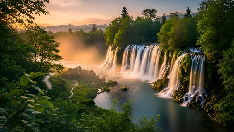 Breathtaking waterfall cascades down lush green cliffside at sunset stock image