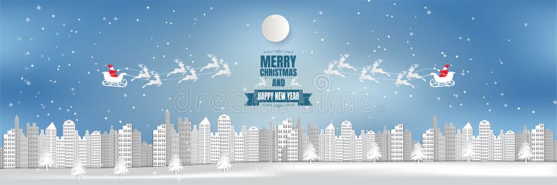 Bred bakgrund för stad för vinkelsikt, jul med snöflingan och jultomten, pappers- konststil royaltyfri illustrationer