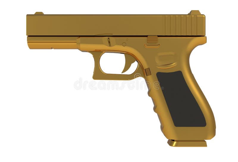 Bredvid sikt av den guld- halva automatiska handeldvapnet 9x19 isolerade. Bredvid sikt av den guld- halva automatiska handeldvapnet som 9x19 isoleras på vit bakgrund, tolkning 3D