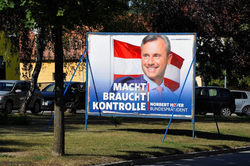 Breitenbrunn, Burgenland, Austria – September 1, 2016: Billboard with Norbert Hofer, candidate FPO party. In presidential election, which will be repeated in royalty free stock image Breitenbrunn, Burgenland, Austria – September 1, 2016: Billboard with Norbert Hofer, candidate FPO party. In presidential election, which will be repeated in royalty free stock image