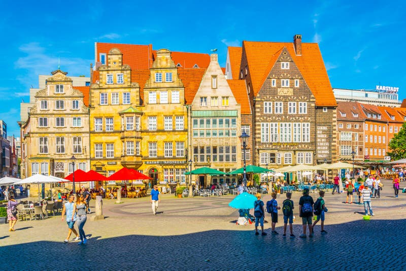 BREMEN, GERMANY, AUGUST 30, 2016 People are Walking through the am Markt Square in the Center
