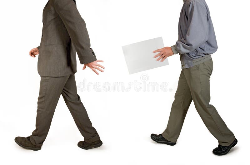 Two walking men transmit envelope. Two walking men transmit envelope