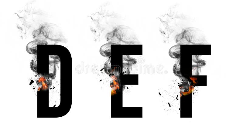 Brennende gotische Schriften d E-F. Rauchguß. Alphabet Anhänge mit kleinen Feuer und Rauch auf. vektor abbildung
