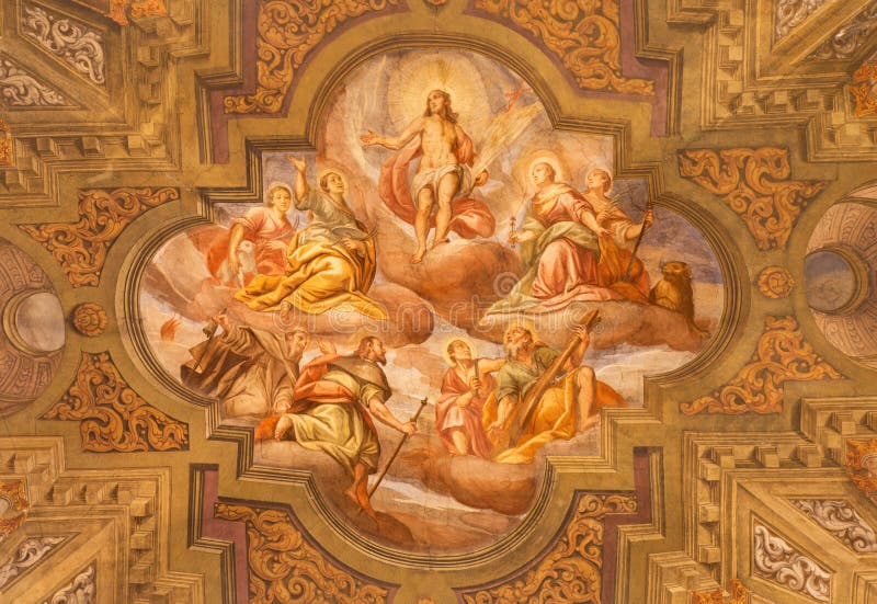 BRESCIA, ITALY - MAY 22, 2016: The ceiling fresco Ascension of the Lord in church Chiesa di Santa Agata by Pompeo Ghitti (1683). BRESCIA, ITALY - MAY 22, 2016: The ceiling fresco Ascension of the Lord in church Chiesa di Santa Agata by Pompeo Ghitti (1683).