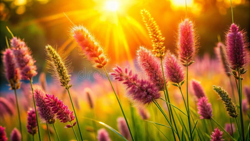 Bretagning 8K Stängning av blommande gräs En detaljerad titt på Allergena Pollen stock illustrationer