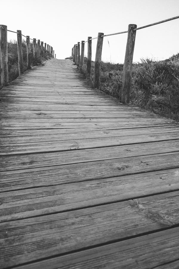Bretterzaun und Gehweg, zum Schwarzweiss auf den Strand zu setzen Leeres Wegmonochrom Gehendes Konzept stockbilder